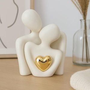 Ceramic couple figurine with golden heart white small